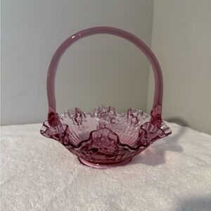 Vintage Fenton Art Glass Basket with Cabbage Rose Pattern